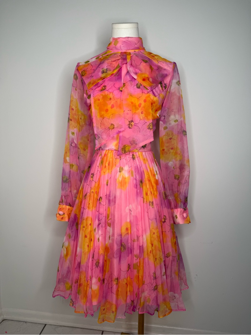 Floral Pink & Orange Pleated Midi Dress with Bow Neck
